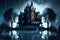 Haunted house old abandoned spooky castle on the lake island. Halloween and horror concept. Generative AI