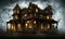 Haunted house, old spooky derelict mansion with mysterious orange lights