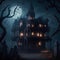 A haunted house with a sinister atmosphere, filled with eerie decorations and mysterious shadows AI-Generated