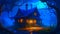 A haunted hut hidden in a dark forest, with windows glowing with an eerie blue light. On the roof of the hut is a lamp in the