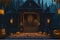 A haunted mansion adorned with spiderwebs, its windows aglow with flickering candles. Jack-o'-lanterns line the