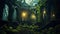 Haunted mansion covered with fog, night scene. Creepy house covered with vines. Halloween concept. Generative AI