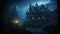 Haunted mansion covered with fog, night scene. Creepy house covered with vines. Halloween concept. Generative AI