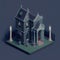 haunted mansion with creaking doors and eerie noises, isometric low poly view AI generation