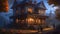 A haunted mansion shrouded in ethereal mist, with windows glowing with a mysterious light. On the roof of the house is a pumpkin-