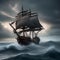 Haunted pirate ship, Ghostly pirate ship sailing through stormy seas with tattered sails and ghostly crew1