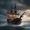 Haunted pirate ship, Ghostly pirate ship sailing through stormy seas with tattered sails and ghostly crew4
