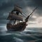 Haunted pirate ship, Ghostly pirate ship sailing through stormy seas with tattered sails and skeletal crew4