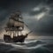 Haunted pirate ship, Ghostly pirate ship sailing through stormy seas with tattered sails and skeletal crew5