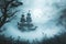 A haunted pirate ship sailing on a mysterious and foggy sea Ghostly ship