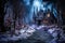Haunted snowy landscape in a Halloween setting, icicles, haunted trees and mysterious creatures