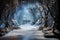 Haunted snowy landscape in a Halloween setting, icicles, haunted trees and mysterious creatures