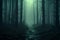 Haunting ambiance 3D rendering of misty forest with eerie concept