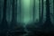 Haunting ambiance 3D rendering of misty forest with eerie concept