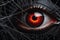 Haunting Gaze: Halloween-Themed Illustration of an Ominous Eye with Sable Sclera Peering Through Tangled Webs