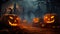 haunting halloween forest with glowing pumpkins