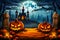 Haunting Halloween Scene: Pumpkins and Candles in the Moonlit Graveyard