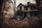 haunting scene of an abandoned house, surrounded by dead leaves and overgrown bushes