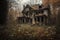 haunting scene of an abandoned house, surrounded by dead leaves and overgrown bushes