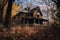 haunting scene of an abandoned house, surrounded by dead leaves and overgrown bushes