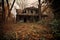 haunting scene of an abandoned house, surrounded by dead leaves and overgrown bushes