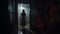 Haunting Visuals: A Girl In A White Dress In A Halloween Doorway
