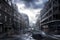 hauntingly beautiful post-apocalyptic scene with damaged buildings, abandoned cars, and debris-filled streets under a cloudy,