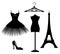 Haute couture little black dress and eiffel tower vector silhouette design set