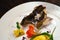 Haute cuisine food concept. Roasted zander fillet with snail caviar or escargot caviar pearls with pumpkin puree and