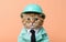 Havana Brown Cat Dressed As A Builder On Mint Color Background