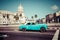 HAVANA, CUBA - DECEMBER 10, 2019: Brightly colored classic American cars serving as taxis pass on the main street in front of the