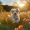 Havanese puppy running through a field of wildflowers in the golden hour by AI generated