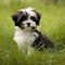 Havanese puppy sitting on the green meadow in summer green field. Portrait of a cute Havanese pup sitting on the grass with a