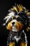Havanese with a yellow mohawk on his head on a black background. Generative AI