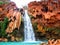 Havasupai Falls, pools, blue water, geological formation rock walls