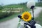 Have a beautiful and safe weekend. With sunflower decor on a motorbike in adventure and Jesus Christ cross crucifix.