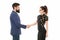 We have a deal. partnership in business. man and woman shaking hands. bearded man and woman. Business couple