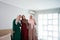 Having fun while spend time three moslem women standing in bed