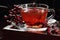 Haw thorn berry tea ina glass cup, red herbal tea is a sedative relaxing hot drink against heart disease