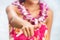 Hawaii beach woman making Hawaiian shaka hand sign