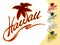 Hawaii lettering with a palm tree, a stylized ocean wave
