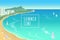 Hawaii ocean bay blue water sunny sky summer travel vacation background. Boats sand beach umbrellas hot day scene
