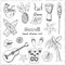 Hawaii Symbols and Icons, including Hula skirt, tiki gods, totem pole, drums, guitar, palm