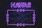 Hawaii US State glowing violet neon letters and starred frame on a black brick wall