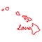 Hawaii US state red outline map with the handwritten LOVE word. Vector illustration