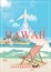 Hawaii vector travel illustration with airplane. Summer template. Beach resort. Sunny vacations
