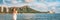 Hawaii Waikiki beach tourist woman happy in Honolulu travel banner vacation. Panoramic landscape with Diamond Head