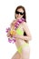 Hawaii woman in bikini wearing flower lei garland of pink orchid