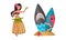 Hawaiian Beach Attributes and Tropical Symbols with Dancing Girl and Surfboard in Sand Vector Set