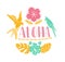 Hawaiian design elements. Aloha word with traditional patterns, tropical leaves and flowers, two parrots. Vector summer